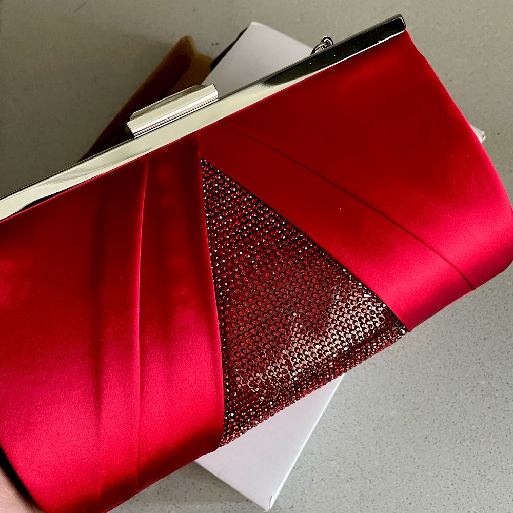 Nina red satin clutch bag with chain strap